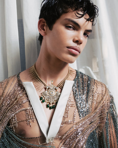 Men's Sheer Green Net Shirt with Sequence Embellishments