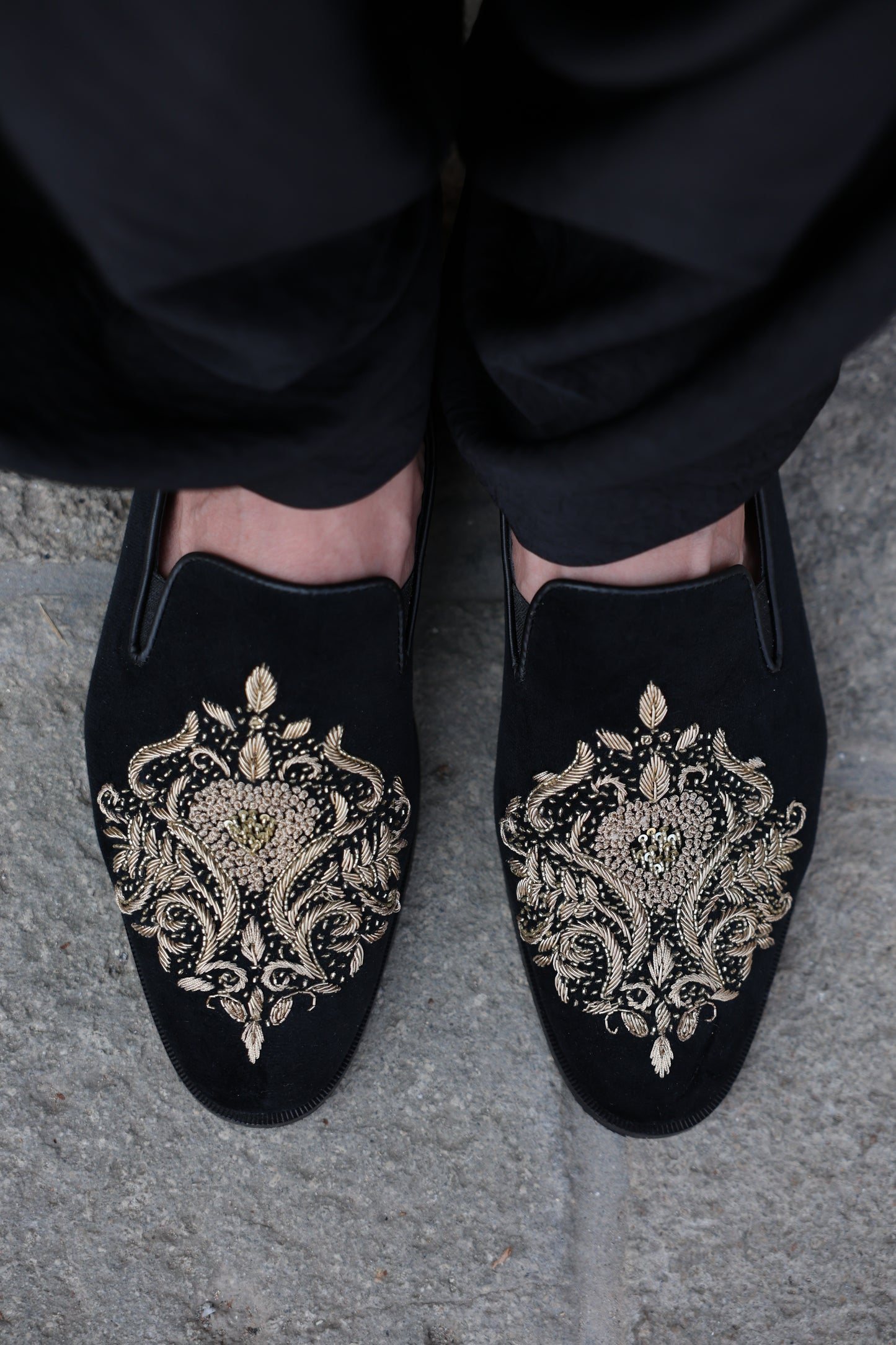 Black Velvet Shoes with Royal Gold Zardozi Work