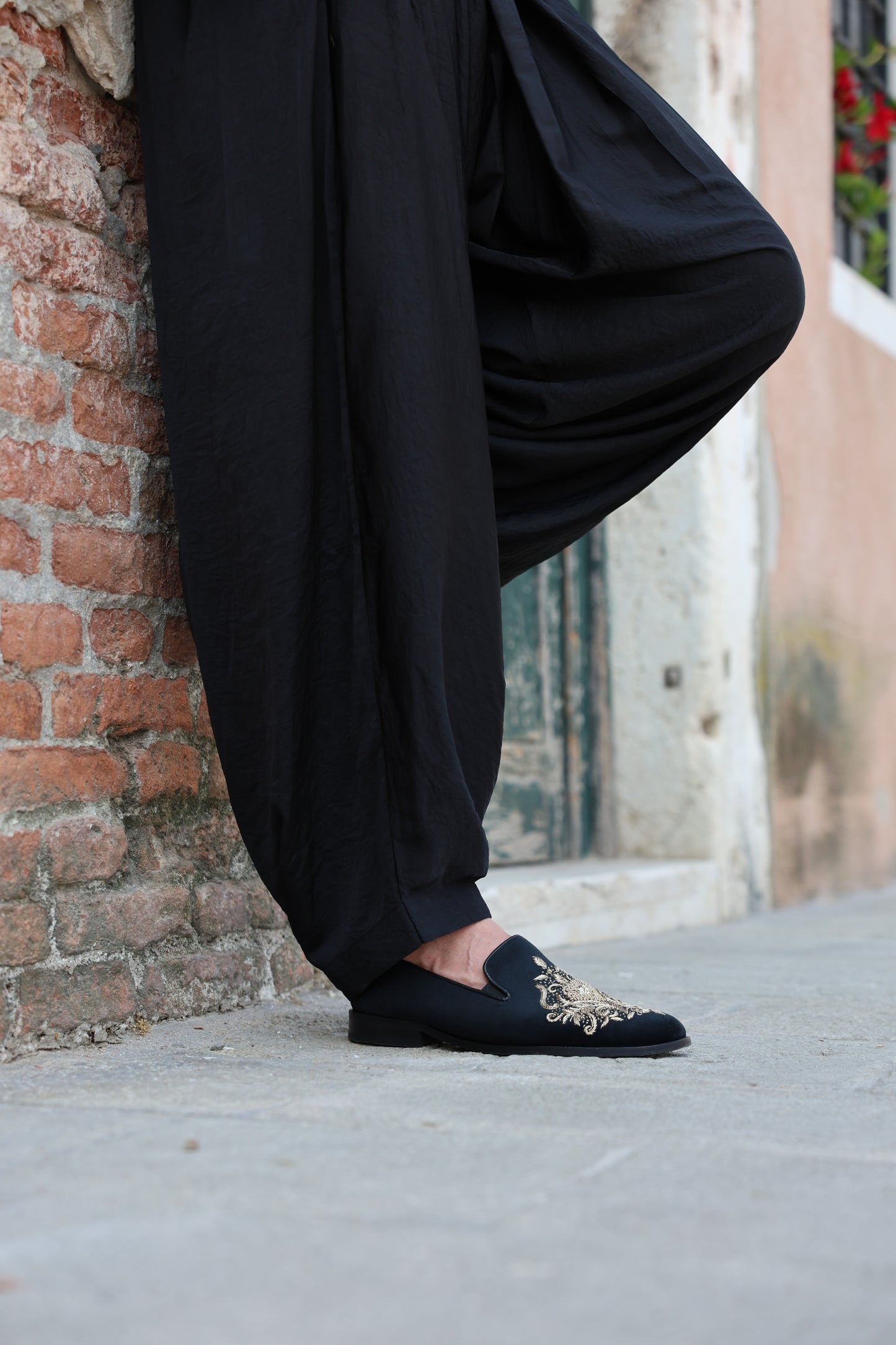 Black Velvet Shoes with Royal Gold Zardozi Work