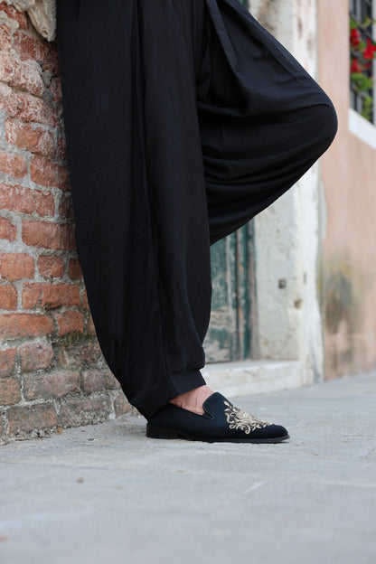 Black Velvet Shoes with Royal Gold Zardozi Work