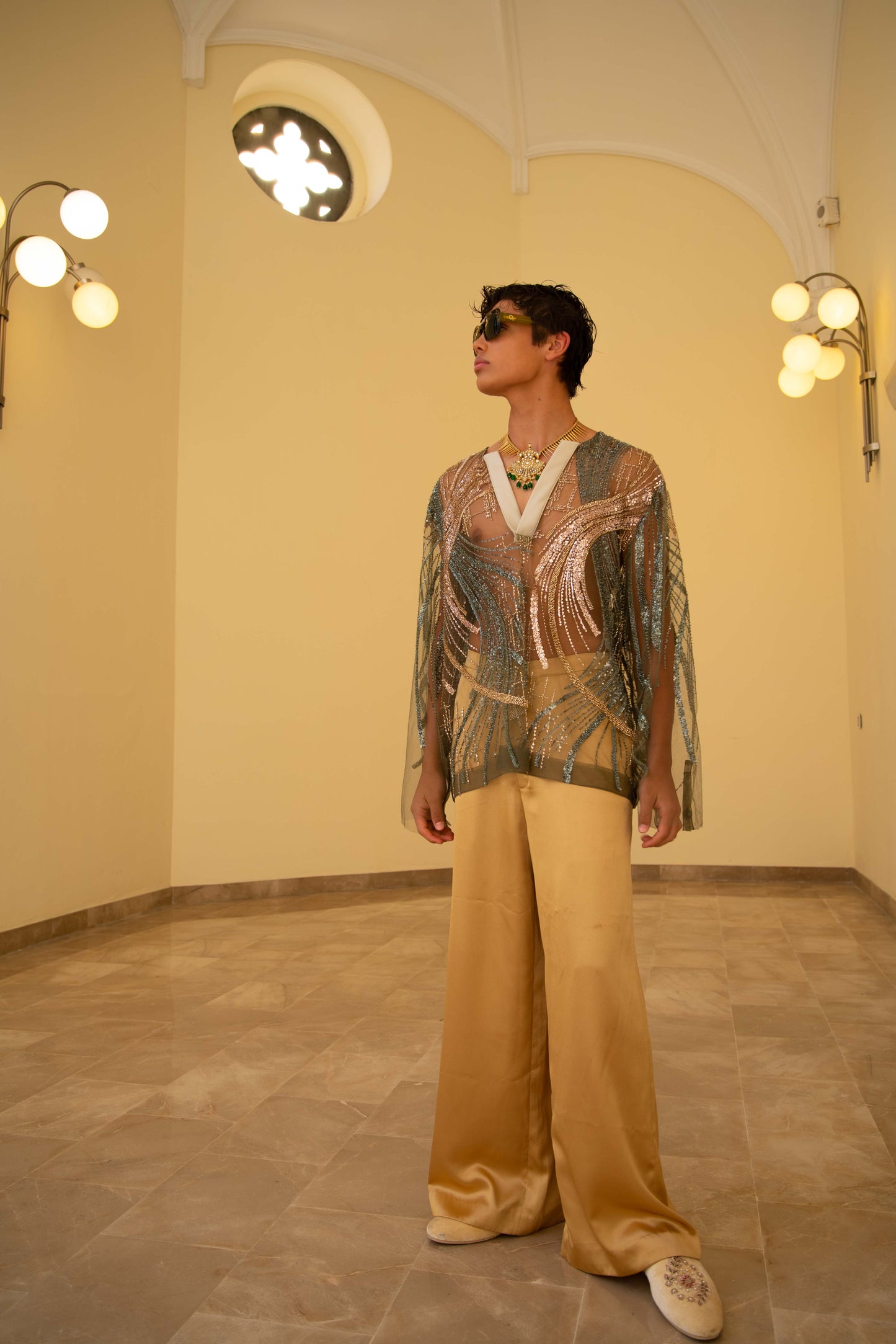 Men's Sheer Green Net Shirt with Sequence Embellishments