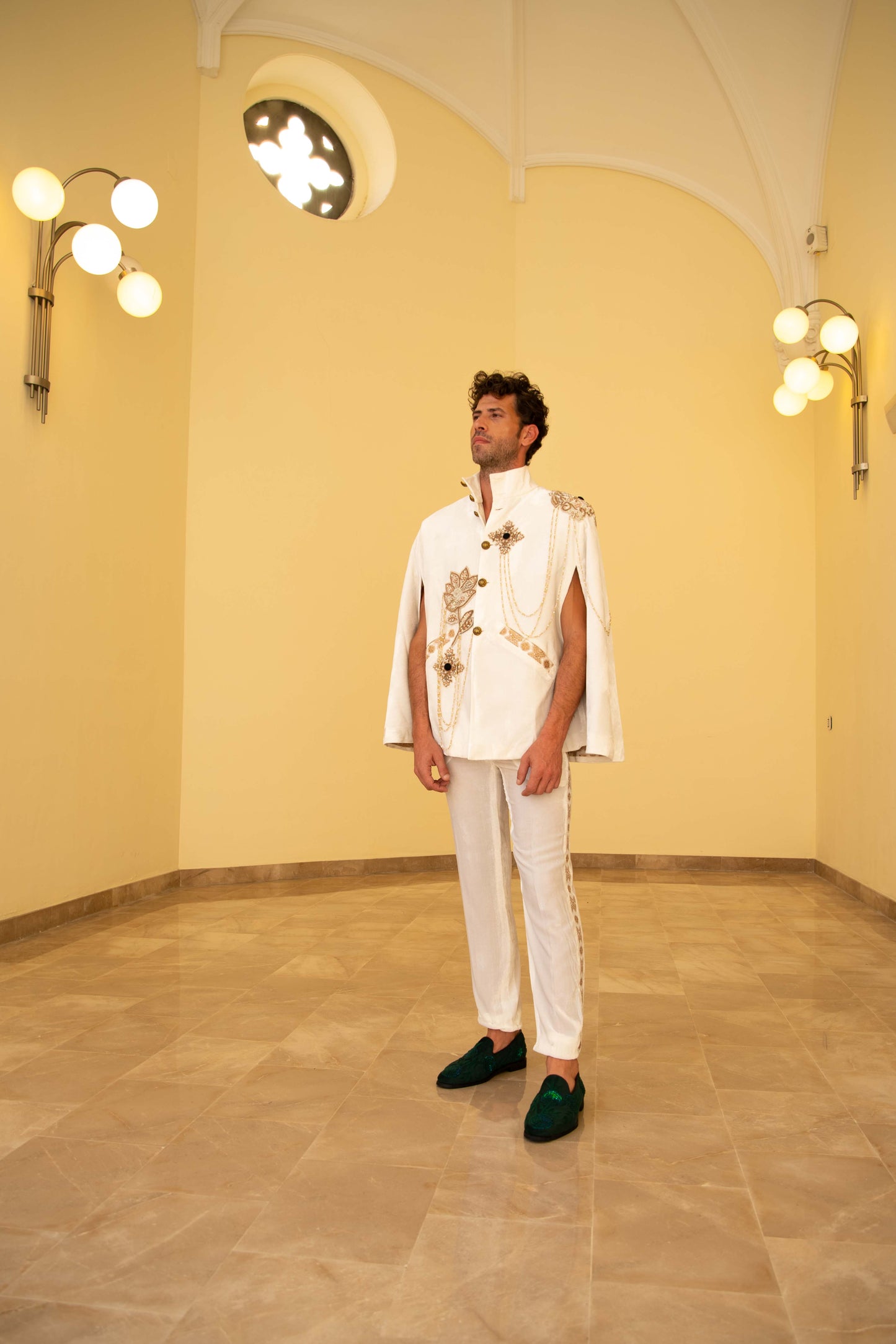 Men's White Velvet Cape Jacket and Trousers Set