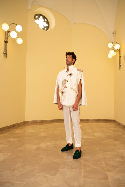 Men's White Velvet Cape Jacket and Trousers Set