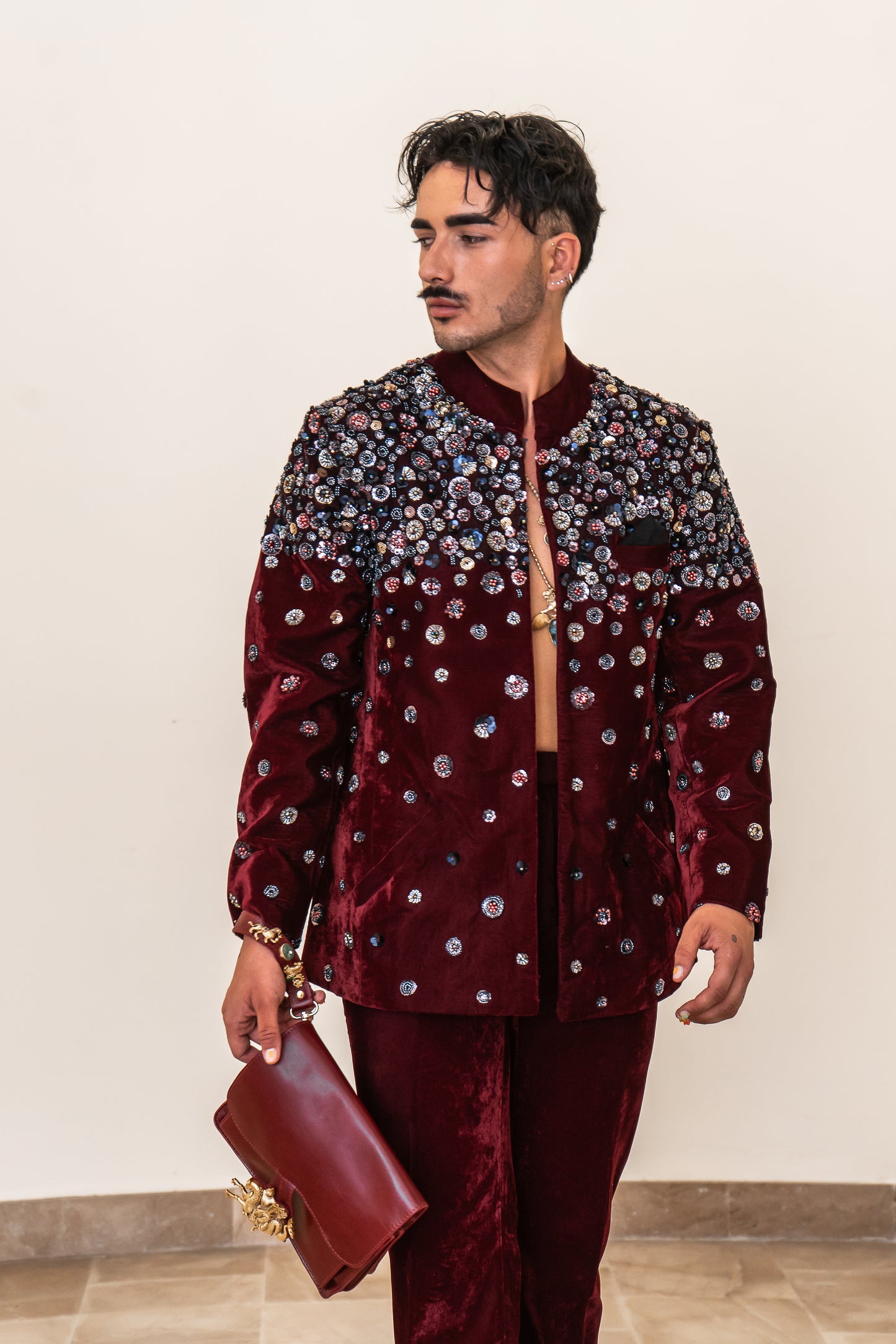 Maroon Velvet Embellished Nehru Jacket and Pant Suit Set