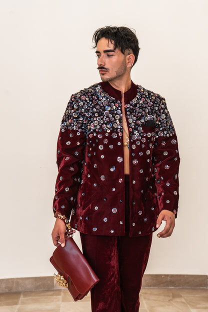Maroon Velvet Embellished Nehru Jacket and Pant Suit Set