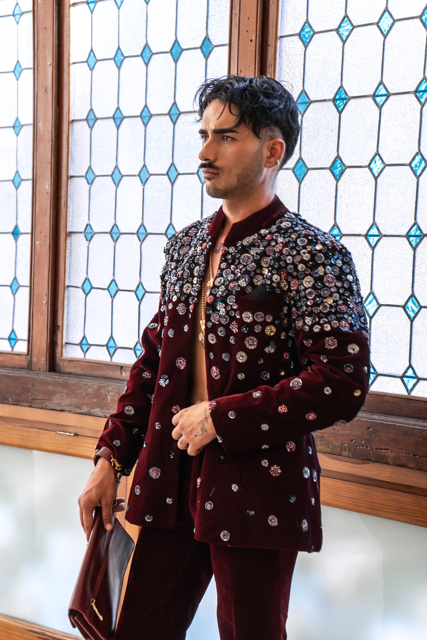 Maroon Velvet Embellished Nehru Jacket and Pant Suit Set