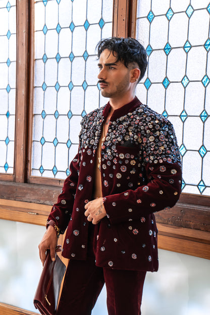 Maroon Velvet Embellished Nehru Jacket and Pant Suit Set