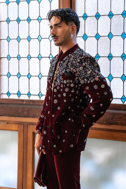 Maroon Velvet Embellished Nehru Jacket and Pant Suit Set