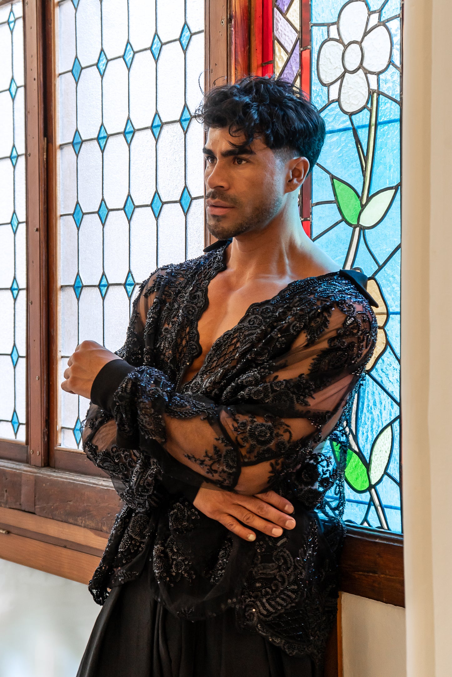Men's Black Sheer Embroidered Net Shirt and Black Satin Dhoti Pants