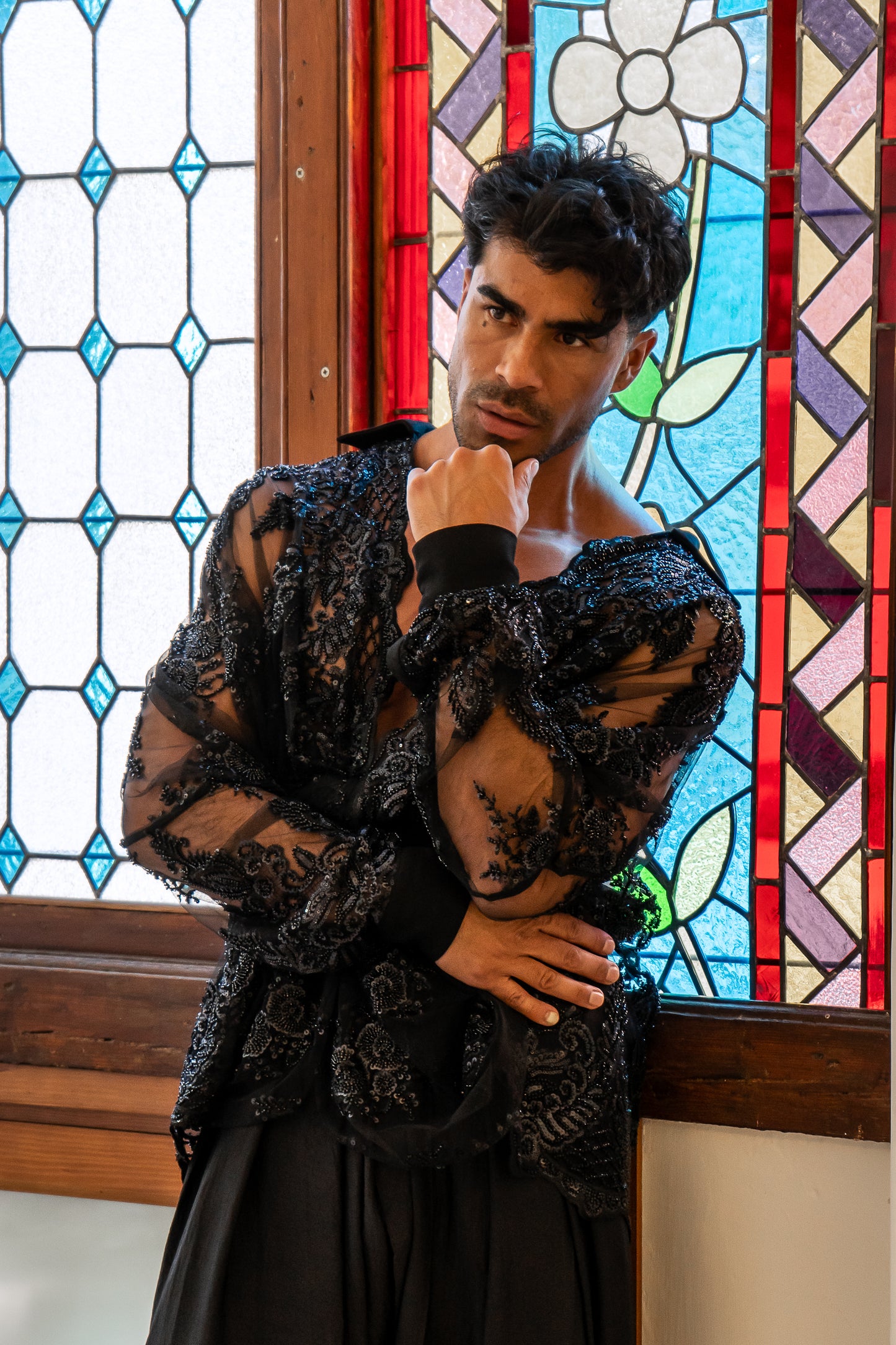 Men's Black Sheer Embroidered Net Shirt and Black Satin Dhoti Pants