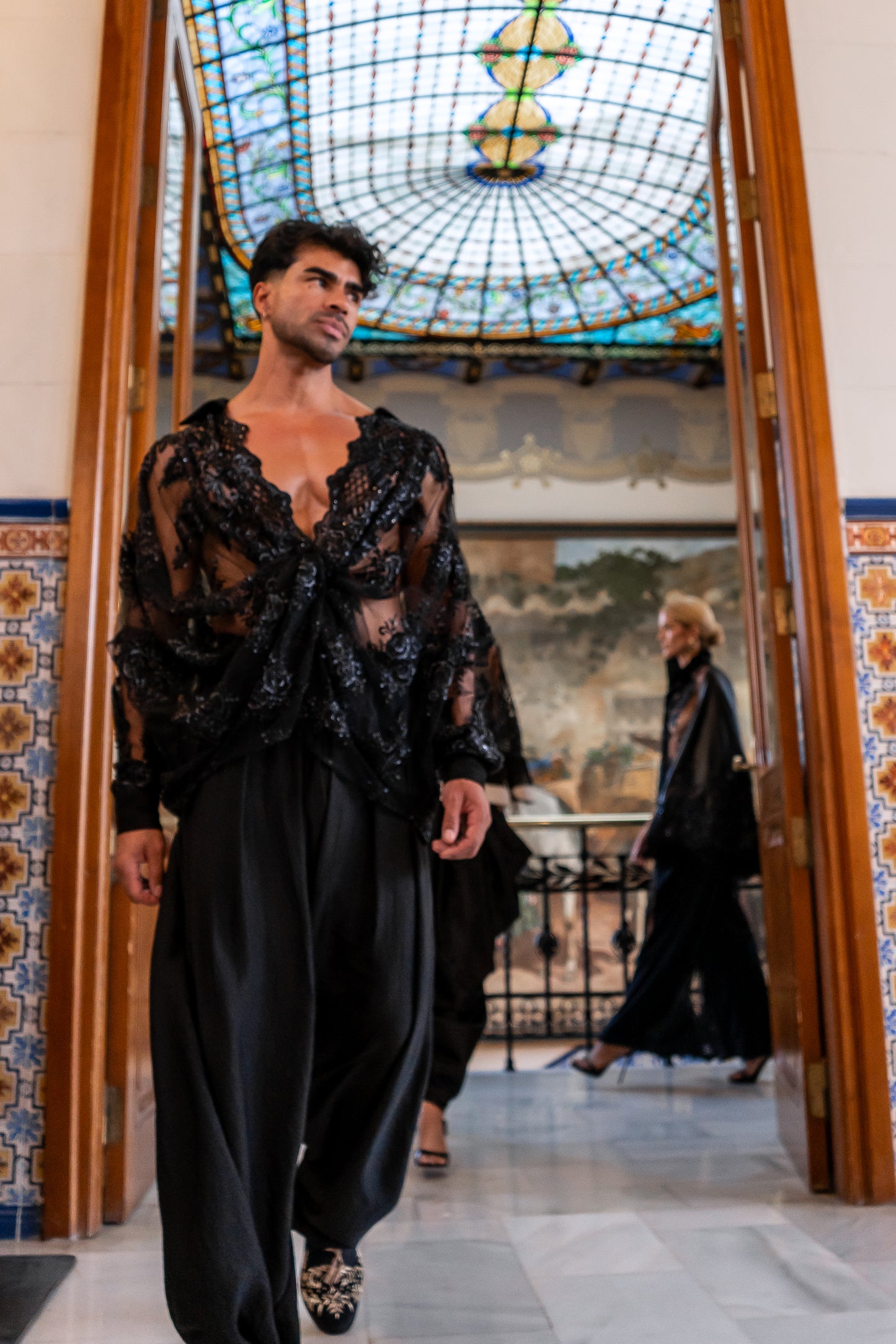 Men's Black Sheer Embroidered Net Shirt and Black Satin Dhoti Pants