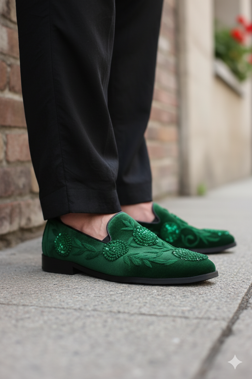 Bespoke Deep Green Mules with Hand-Embroidered Flowers