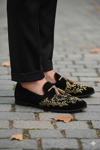 Black Suede Tassel Loafers with Gold Zari Embroidery