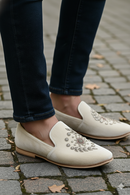 Ivory Velvet Embroidered Slip-On Loafers