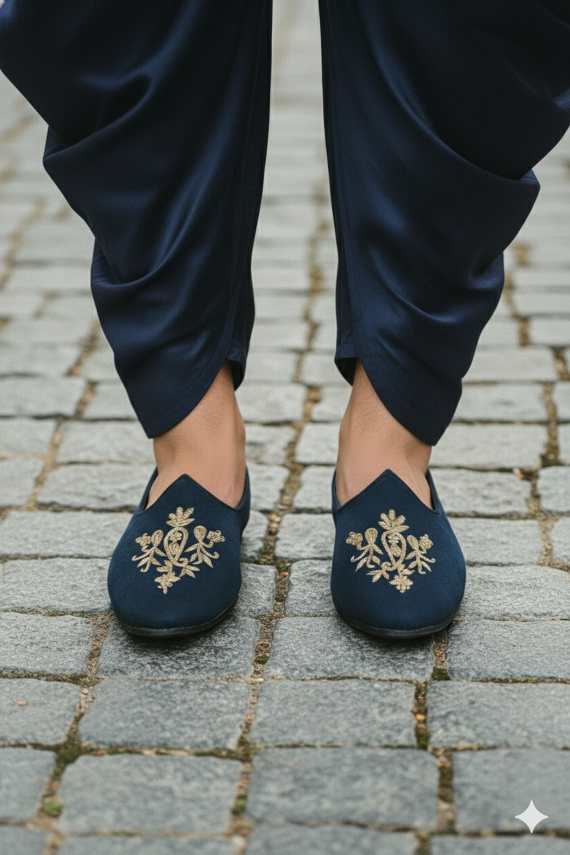 Navy Blue Velvet Slip-Ons with Gold Zardozi Embroidery