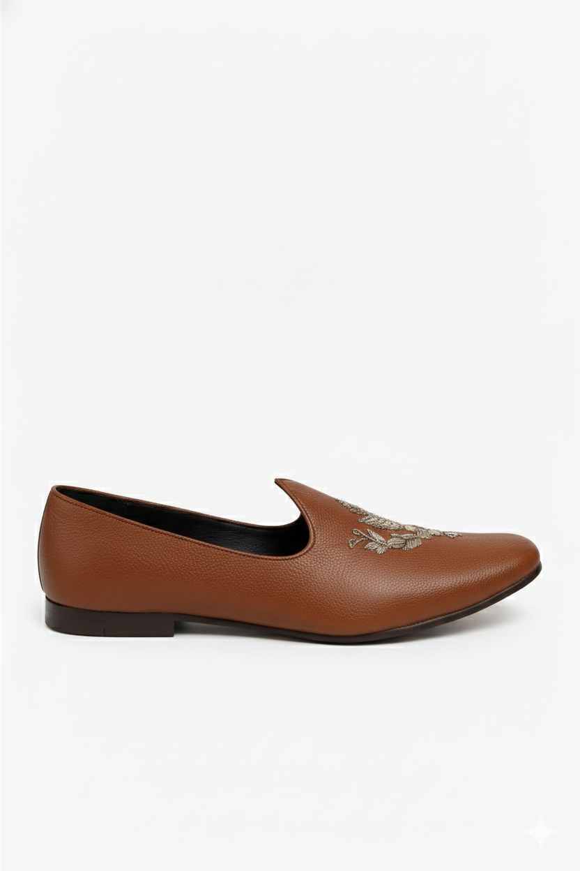 Men's Brown Dress Loafers with Silver Threadwork