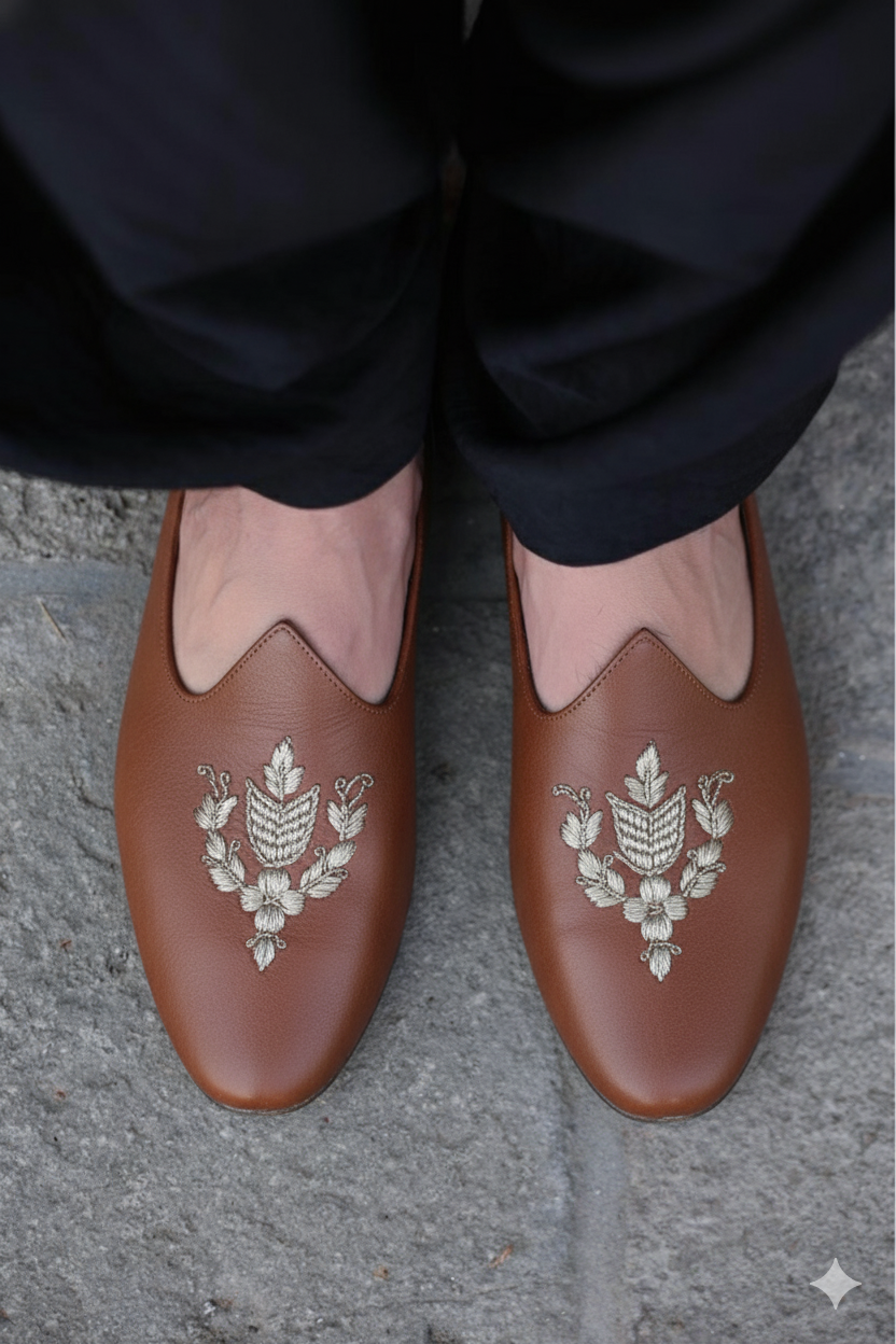 Men's Brown Dress Loafers with Silver Threadwork