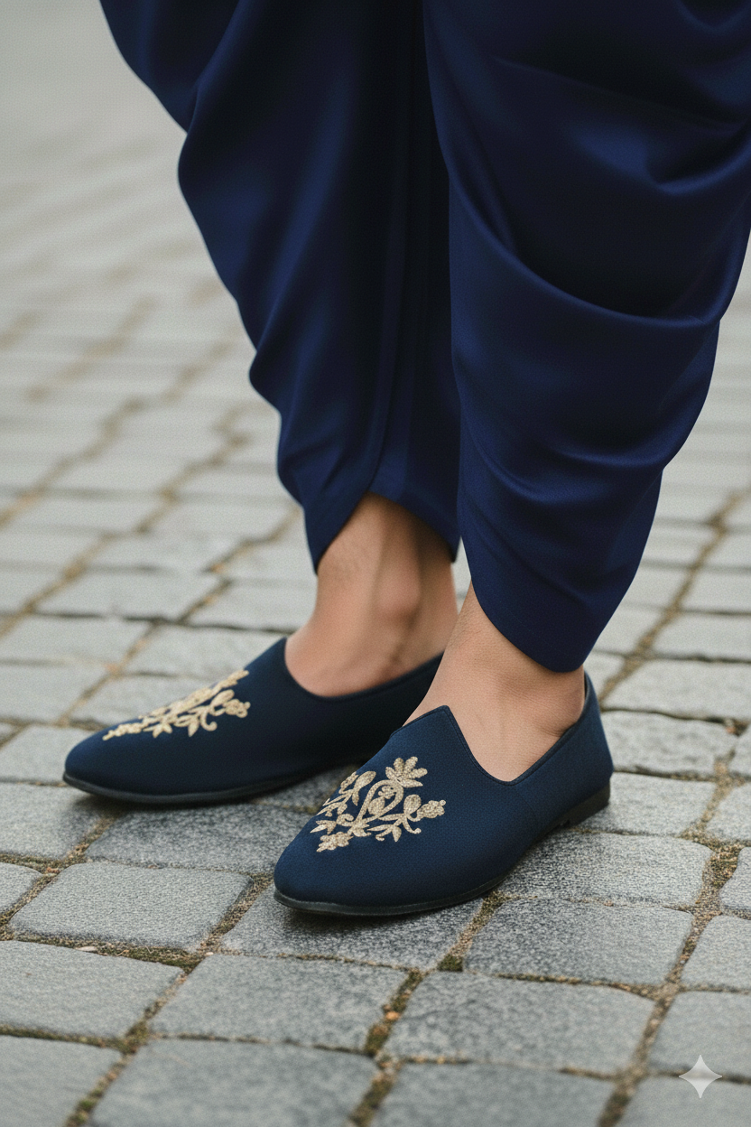 Navy Blue Velvet Slip-Ons with Gold Zardozi Embroidery