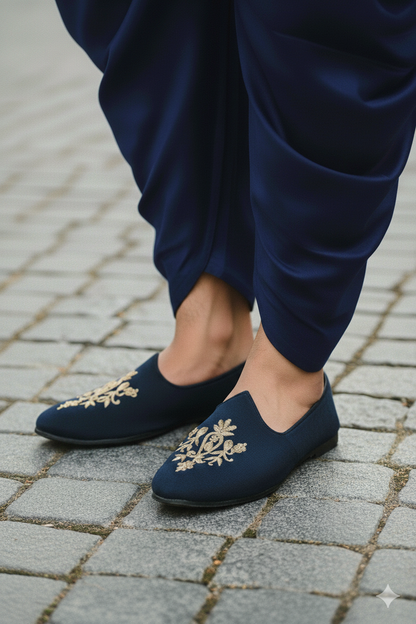 Navy Blue Velvet Slip-Ons with Gold Zardozi Embroidery