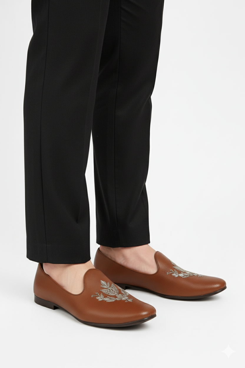 Men's Brown Dress Loafers with Silver Threadwork
