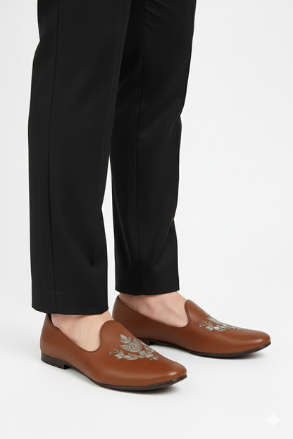 Men's Brown Dress Loafers with Silver Threadwork