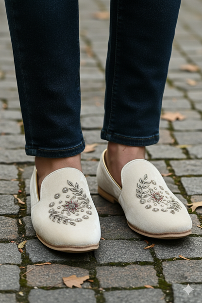 Ivory Velvet Embroidered Slip-On Loafers