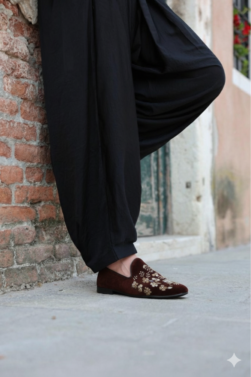 Bespoke Chocolate Suede Mules with Handcrafted Flower Motif