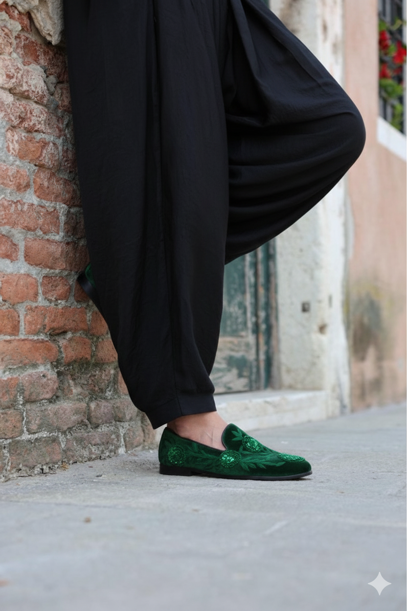 Bespoke Deep Green Mules with Hand-Embroidered Flowers