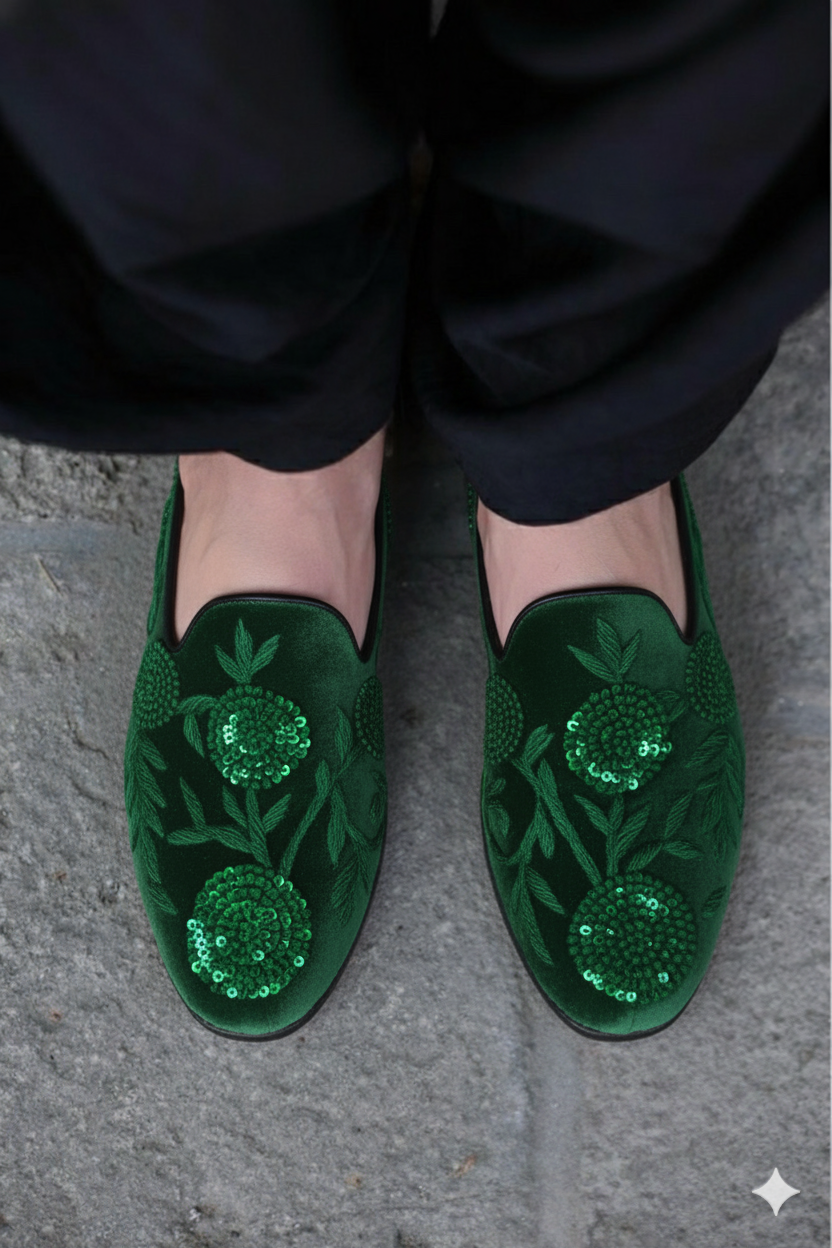 Bespoke Deep Green Mules with Hand-Embroidered Flowers