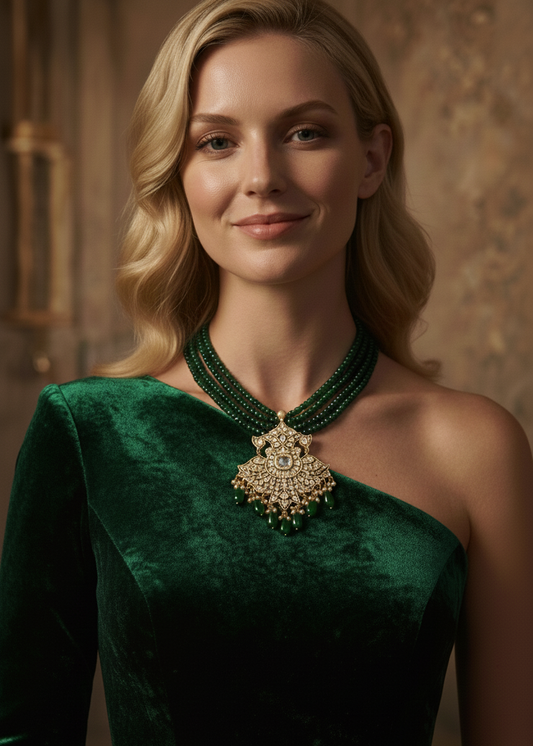 Emerald Peacock Kundan Pendant Necklace with Green Quartz & Pearl Drops