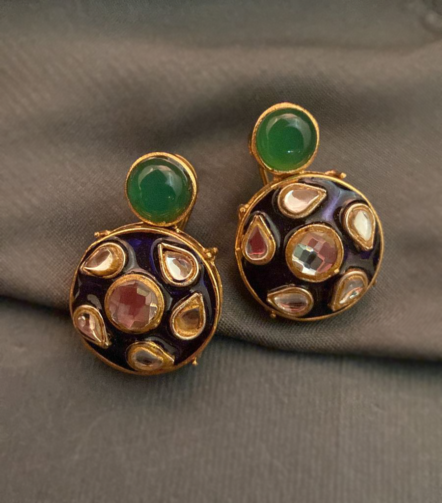 Green Onyx Stones & Navy Blue Enamel Detailing Earrings