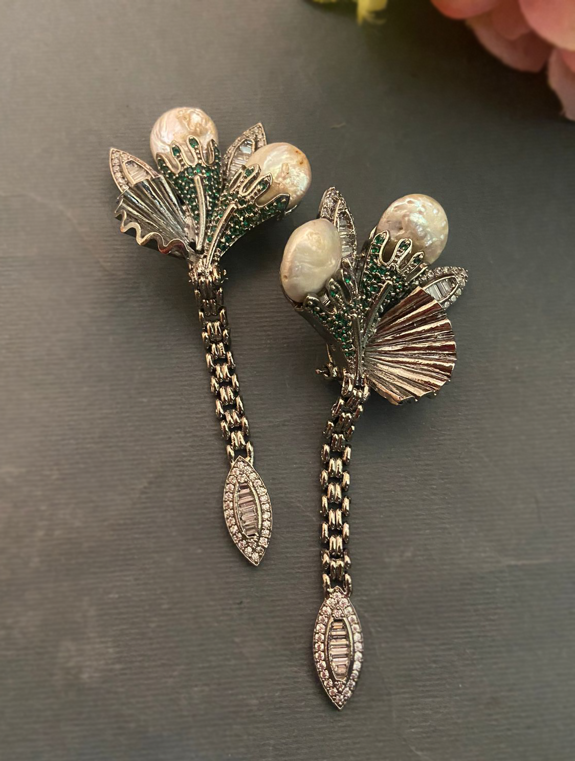 Antique Silver Finish Cubic Zirconia & Pearl Dangler Earrings
