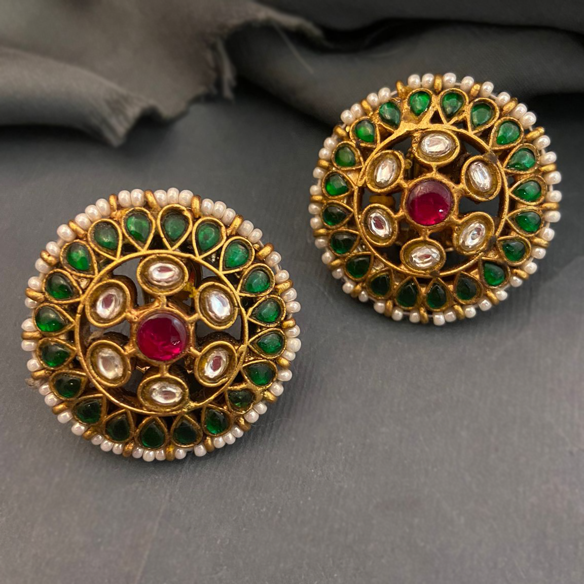 Green Onyx Detailing & Kundan Crystal Earrings