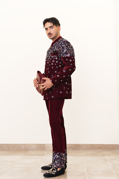 Maroon Velvet Embellished Nehru Jacket and Pant Suit Set