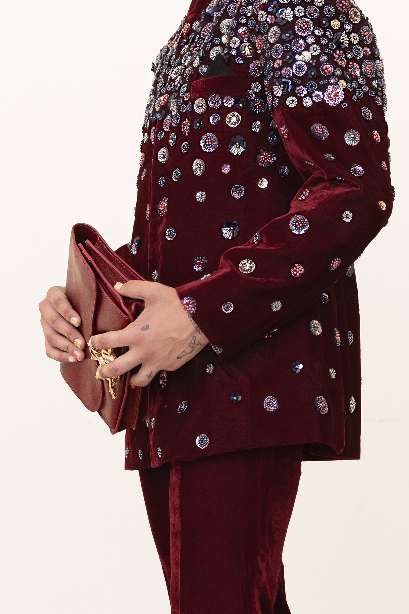 Maroon Velvet Embellished Nehru Jacket and Pant Suit Set