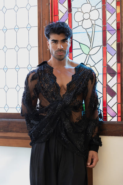 Men's Black Sheer Embroidered Net Shirt and Black Satin Dhoti Pants