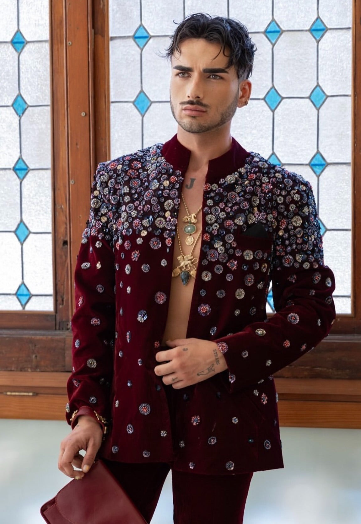 Maroon Velvet Embellished Nehru Jacket and Pant Suit Set