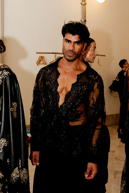 Men's Black Sheer Embroidered Net Shirt and Black Satin Dhoti Pants