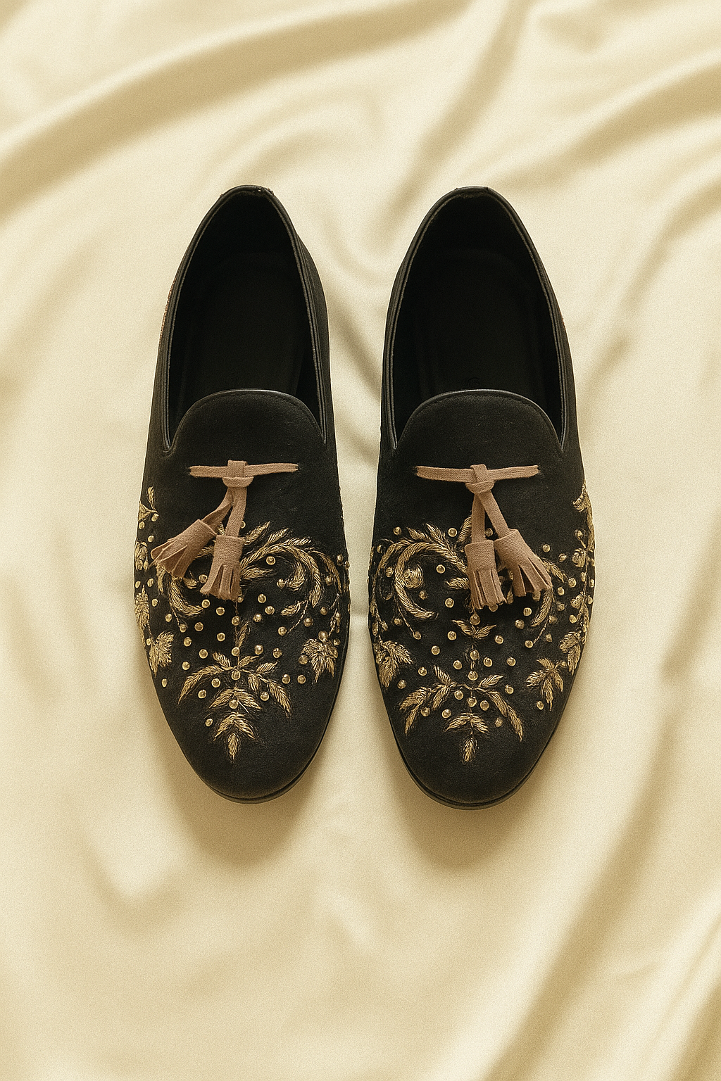 Black Suede Tassel Loafers with Gold Zari Embroidery