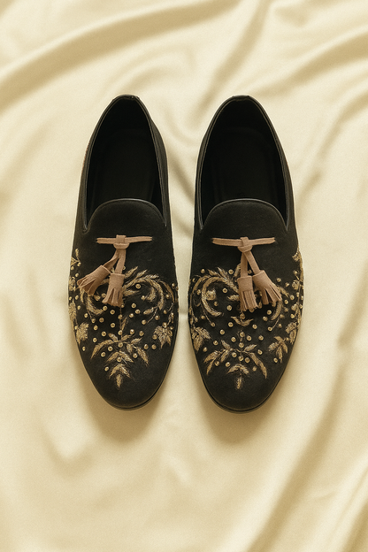 Black Suede Tassel Loafers with Gold Zari Embroidery