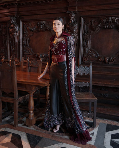 Luxe Maroon Corset and Black Leather Pants Evening Ensemble