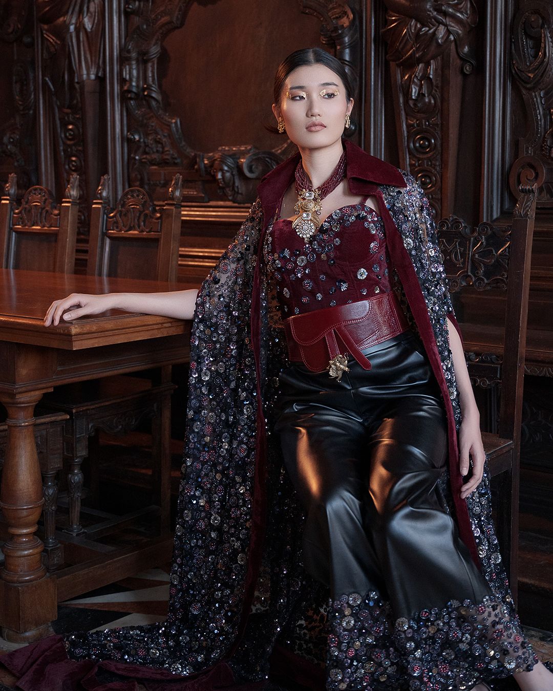 Luxe Maroon Corset and Black Leather Pants Evening Ensemble