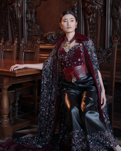 Luxe Maroon Corset and Black Leather Pants Evening Ensemble
