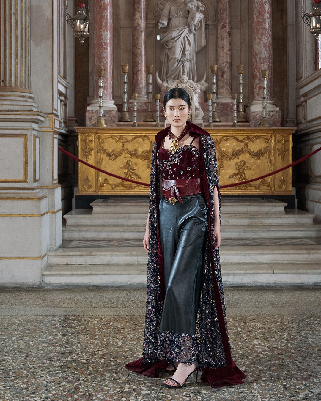 Luxe Maroon Corset and Black Leather Pants Evening Ensemble