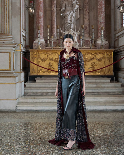 Luxe Maroon Corset and Black Leather Pants Evening Ensemble