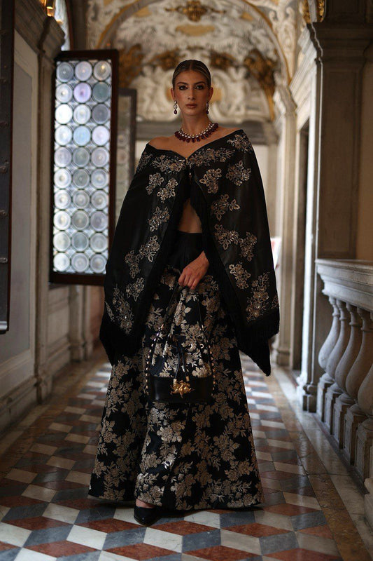 Embroidered Black Raw Silk Umbrella Pants with Luxe Black Embroidered Leather Cape Top