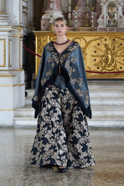 Embroidered Black Raw Silk Umbrella Pants with Luxe Black Embroidered Leather Cape Top