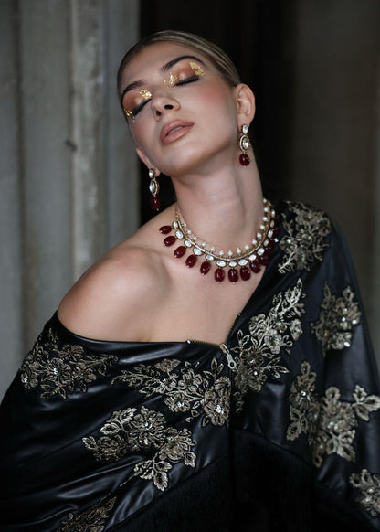 Embroidered Black Raw Silk Umbrella Pants with Luxe Black Embroidered Leather Cape Top