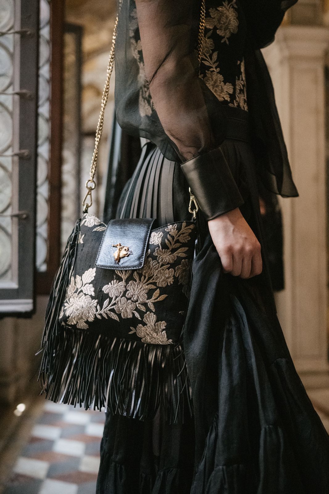 Golden Rose Embroidered Bodysuit with Organza Skirt & Leather Fringe Belt