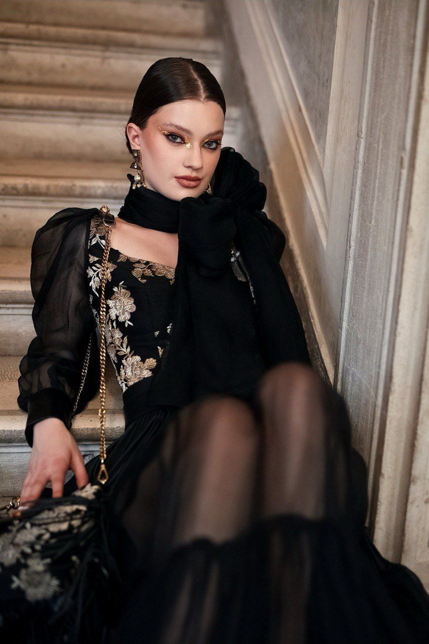 Golden Rose Embroidered Bodysuit with Organza Skirt & Leather Fringe Belt